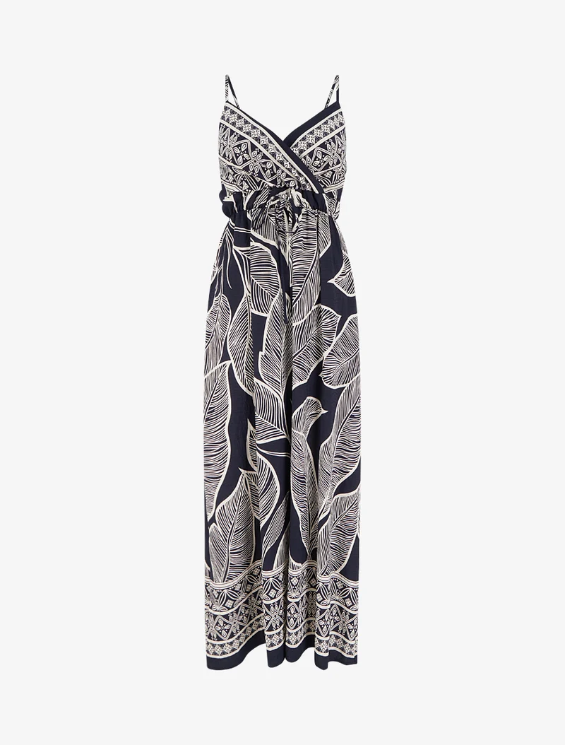 Robe longue imprimé feuilles stylisées - Marine