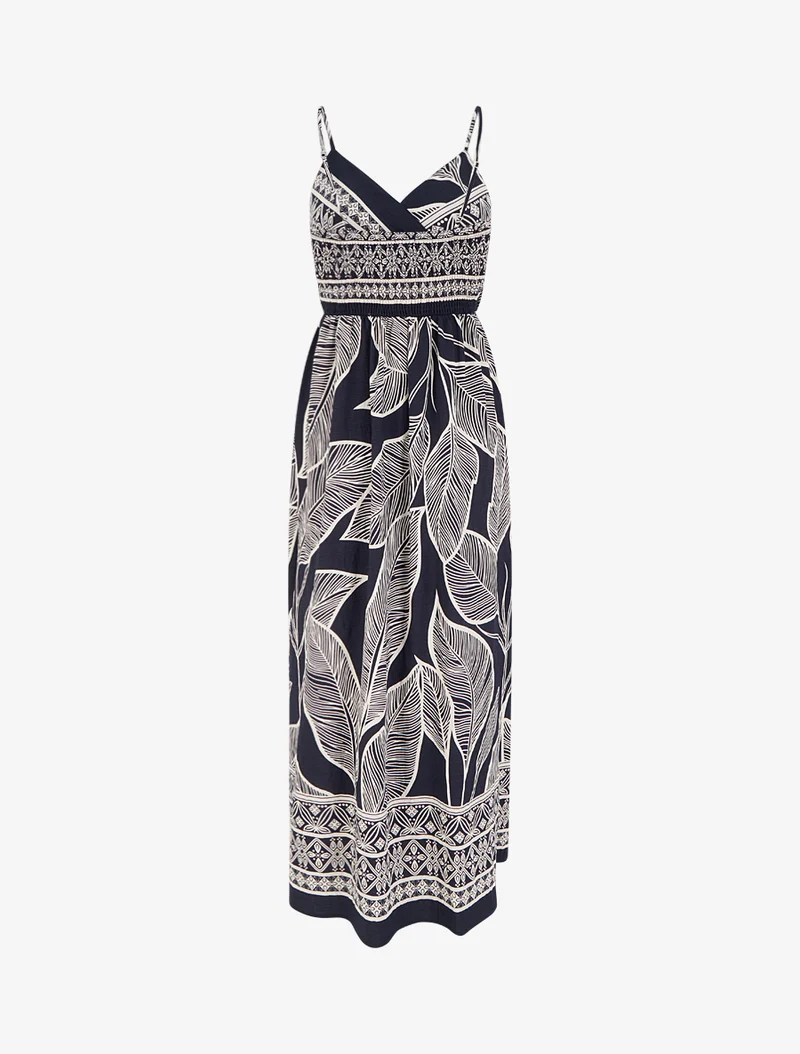 Robe longue imprimé feuilles stylisées - Marine