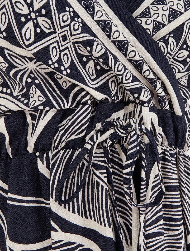 Robe longue imprimé feuilles stylisées - Marine