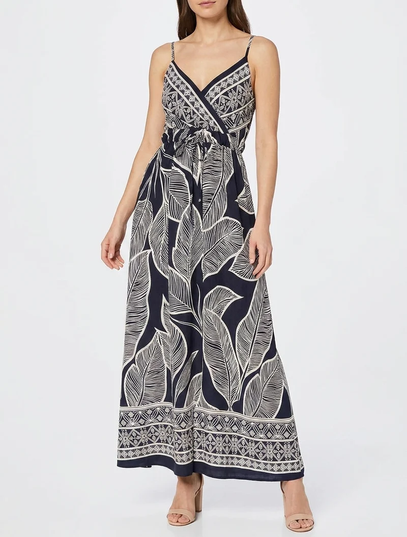 Robe longue imprimé feuilles stylisées - Marine