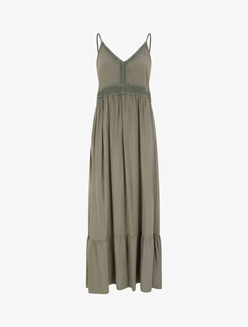 Robe longue unie à taille en dentelle - Kaki