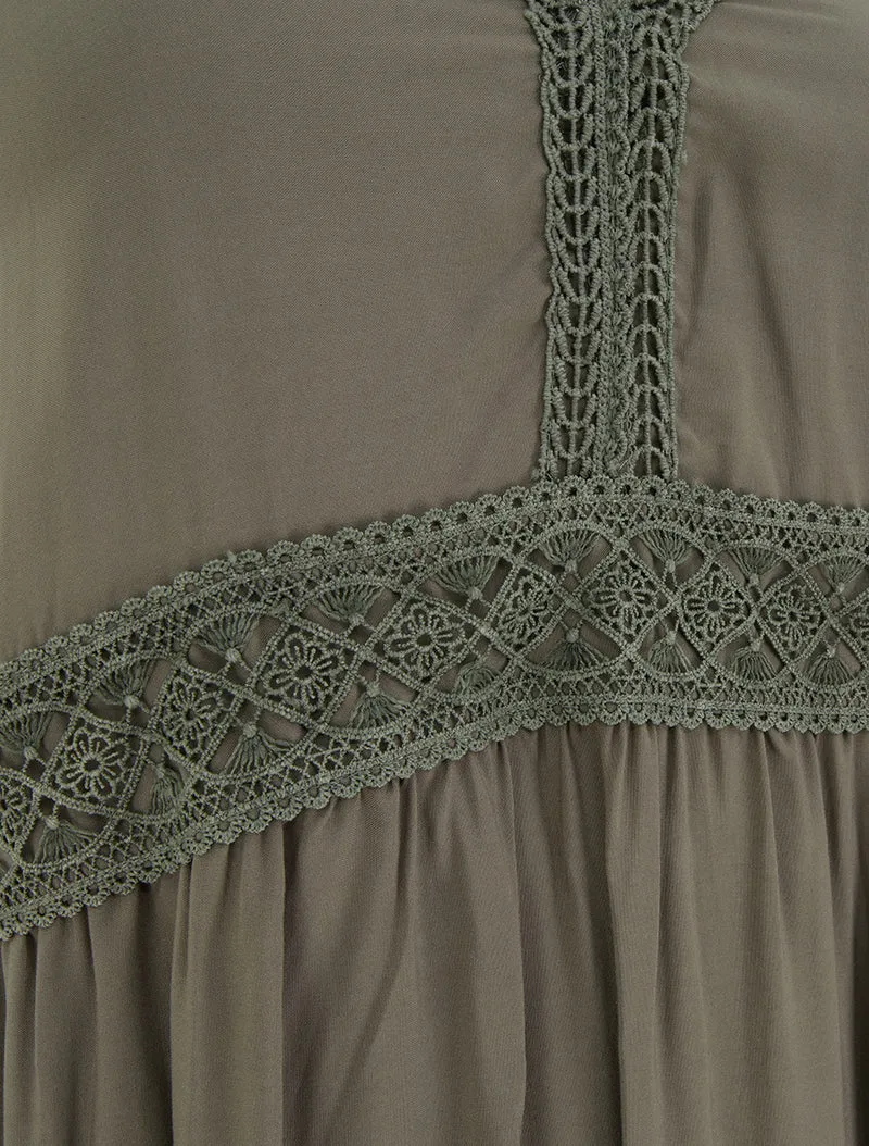 Robe longue unie à taille en dentelle - Kaki