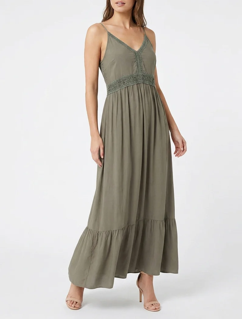 Robe longue unie à taille en dentelle - Kaki