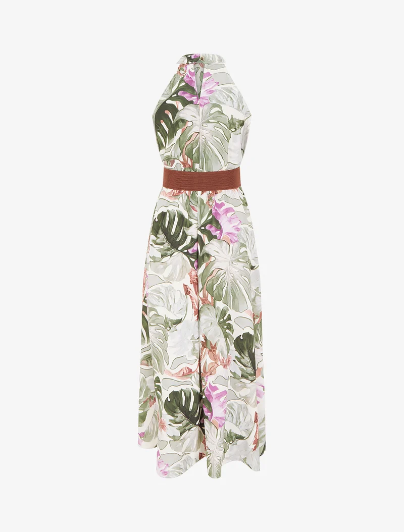 Robe longues sans manches imprimé tropical - Kaki