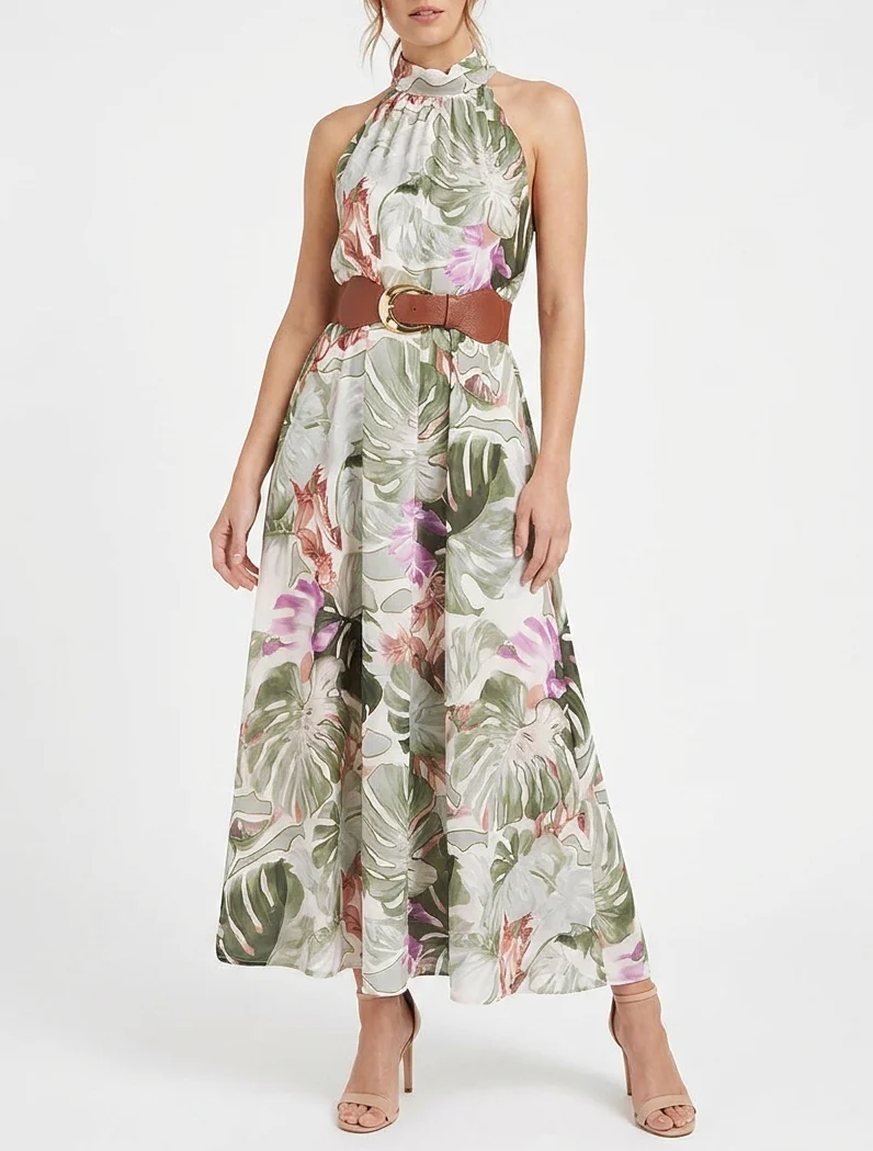 Robe longues sans manches imprimé tropical - Kaki