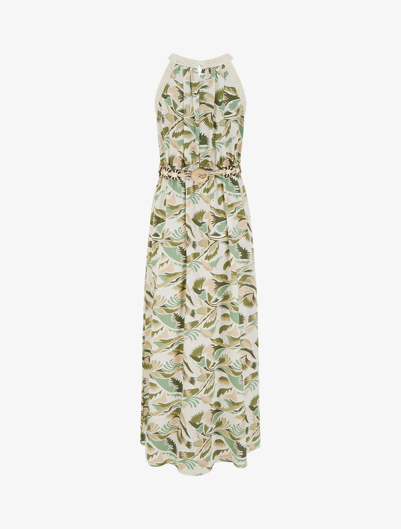 Robe longue à col américain imprimé fantaisie - Vert