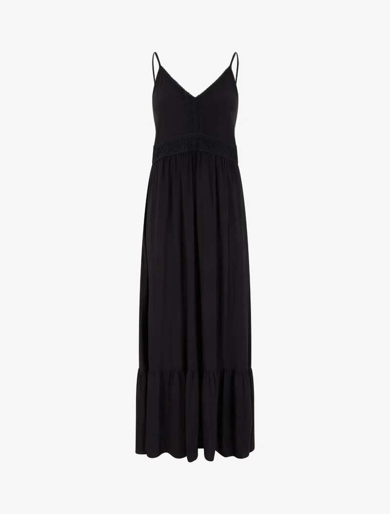 Robe longue unie à taille en dentelle - Noir