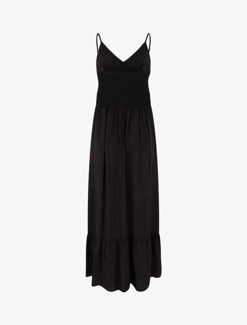 Robe longue unie à taille en dentelle - Noir