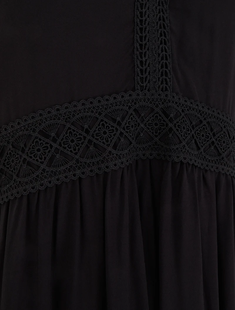 Robe longue unie à taille en dentelle - Noir