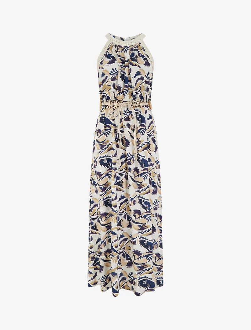 Robe longue à col américain imprimé fantaisie - Marine