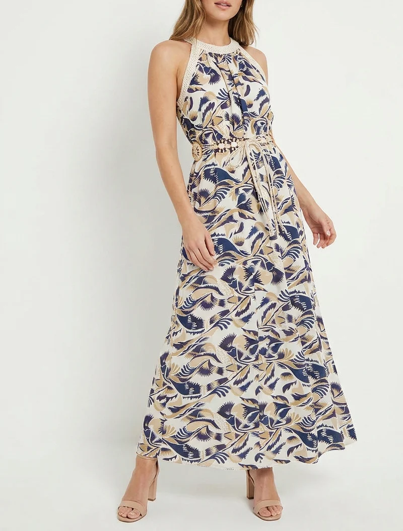 Robe longue à col américain imprimé fantaisie - Marine