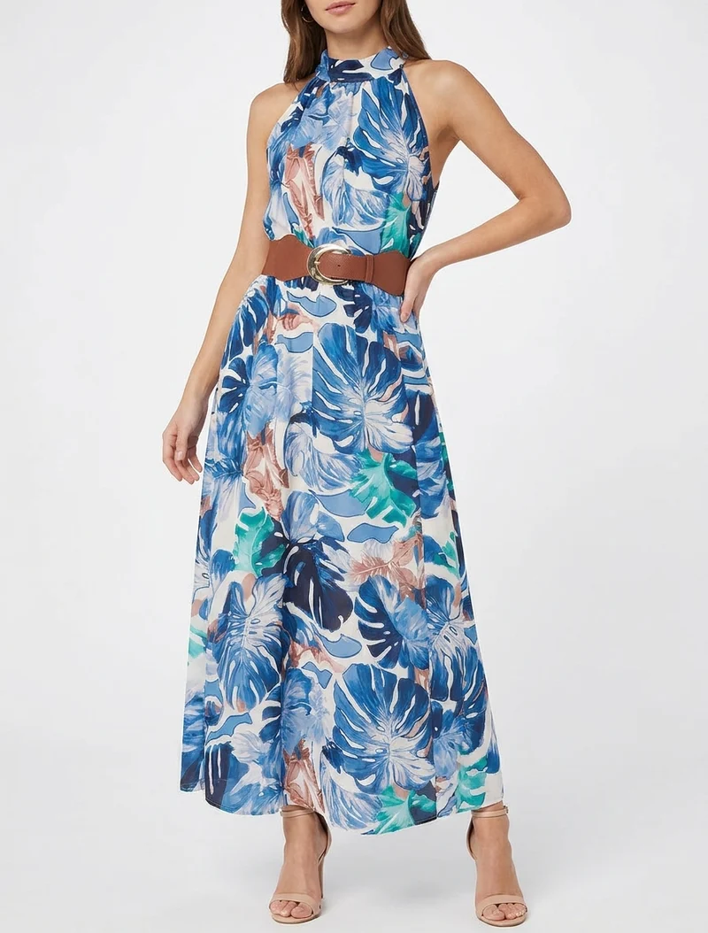 Robe longues sans manches imprimé tropical - Marine