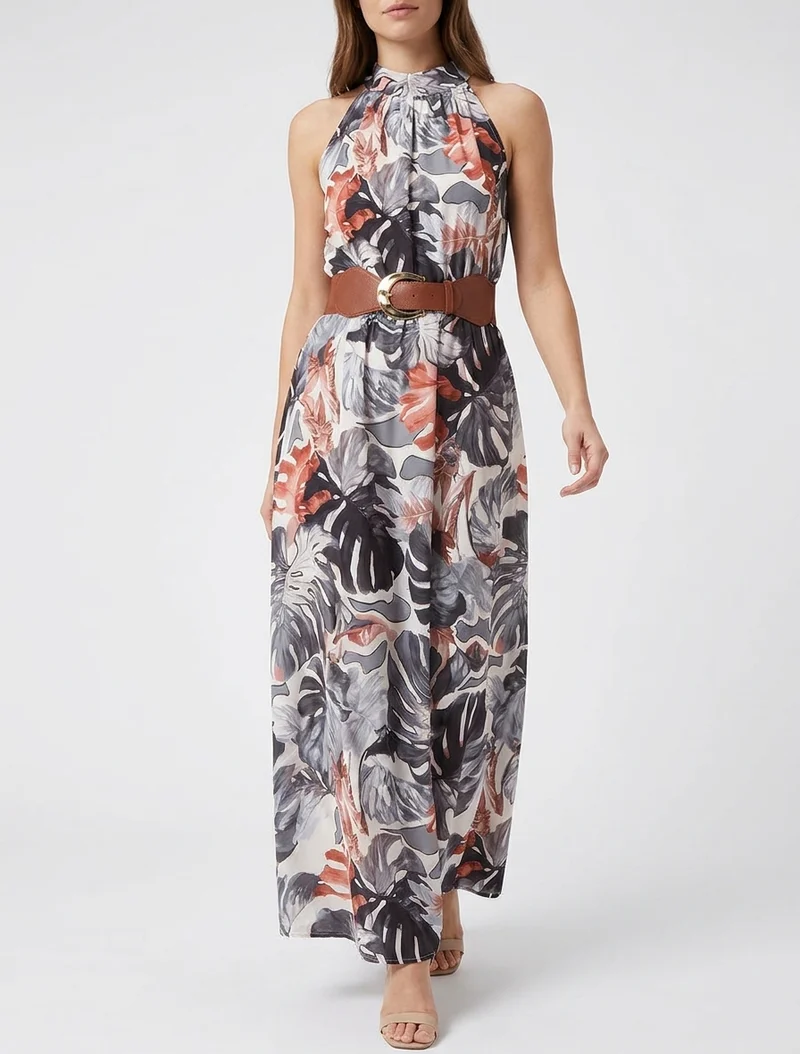 Robe longues sans manches imprimé tropical - Noir
