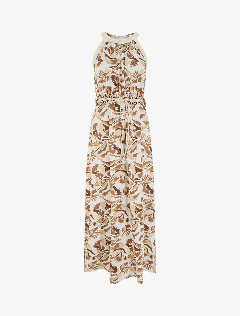 Robe longue à col américain imprimé fantaisie - Marron
