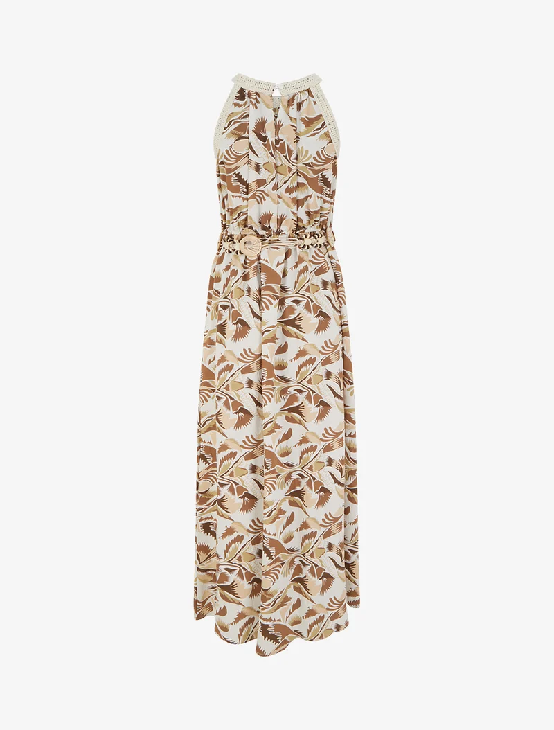 Robe longue à col américain imprimé fantaisie - Marron