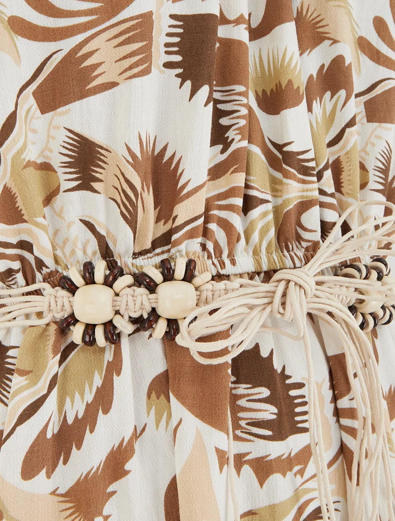 Robe longue à col américain imprimé fantaisie - Marron