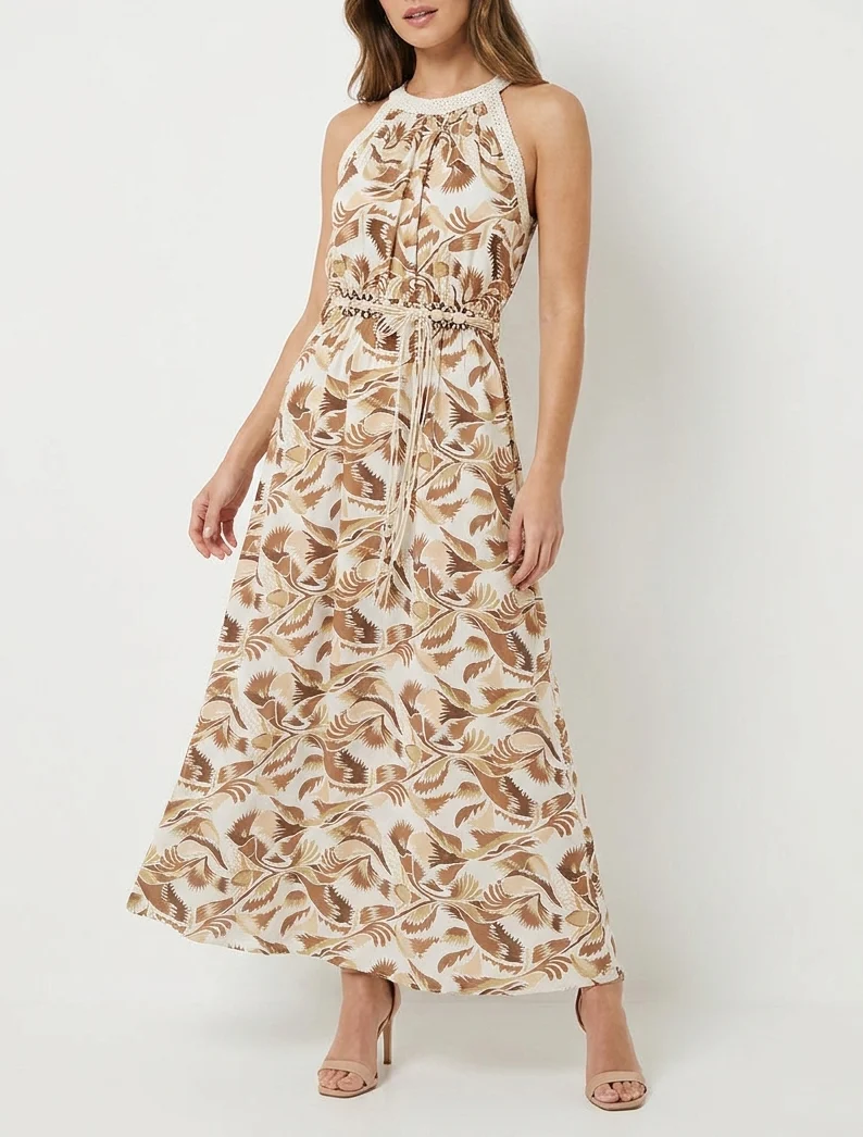 Robe longue à col américain imprimé fantaisie - Marron