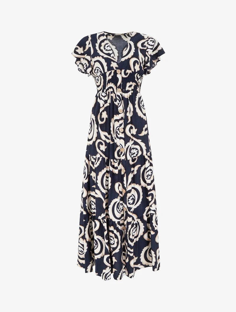 Robe longue manches courtes imprimé cachemire stylisé - Marine