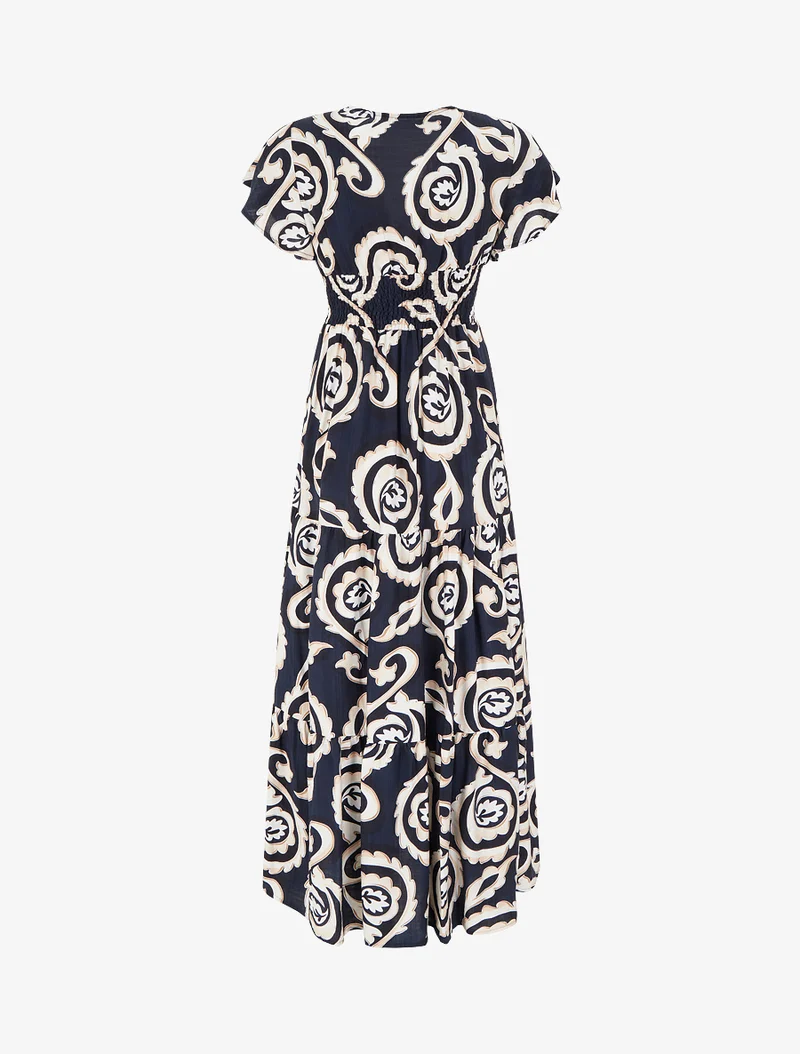 Robe longue manches courtes imprimé cachemire stylisé - Marine