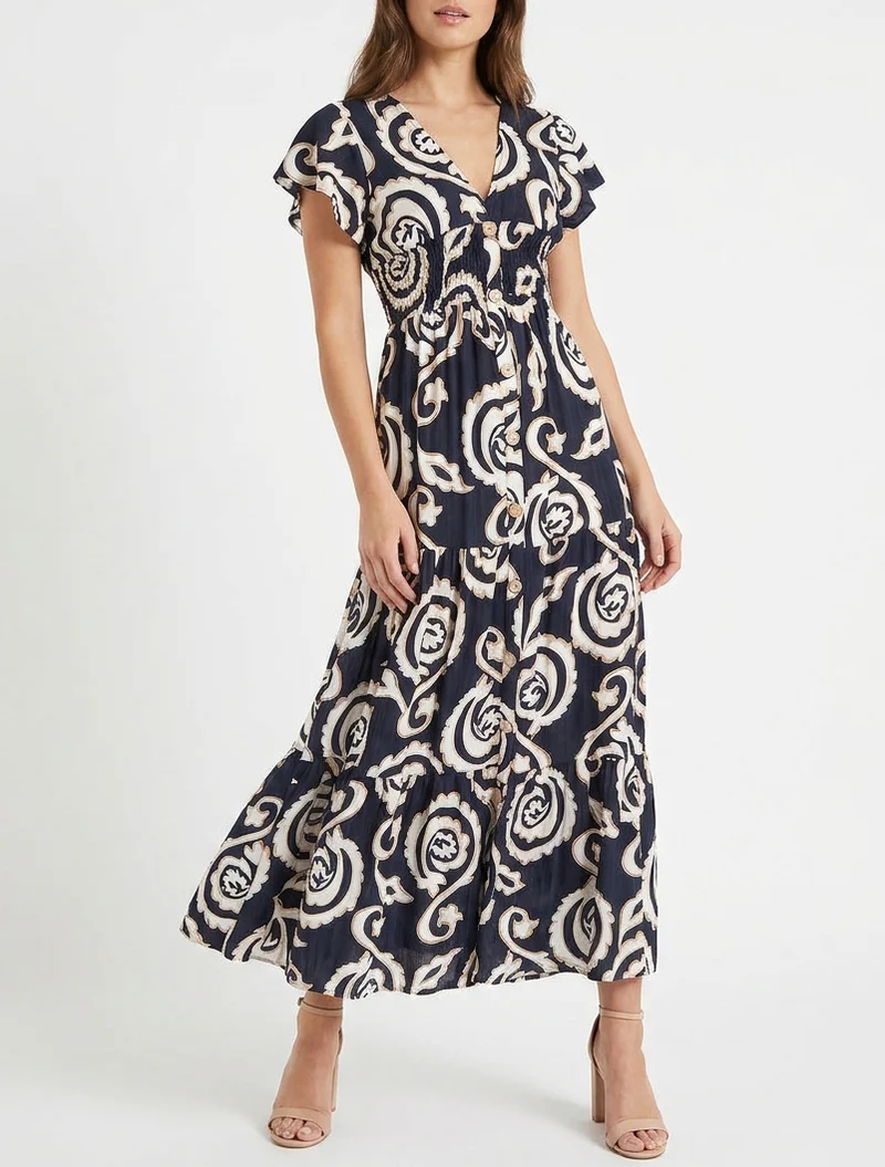 Robe longue manches courtes imprimé cachemire stylisé - Marine