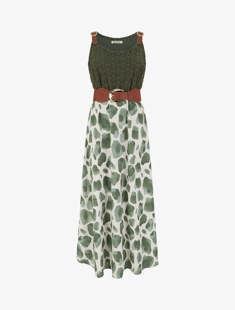 Robe longue à imprimé girafe et bretelles simili - Kaki