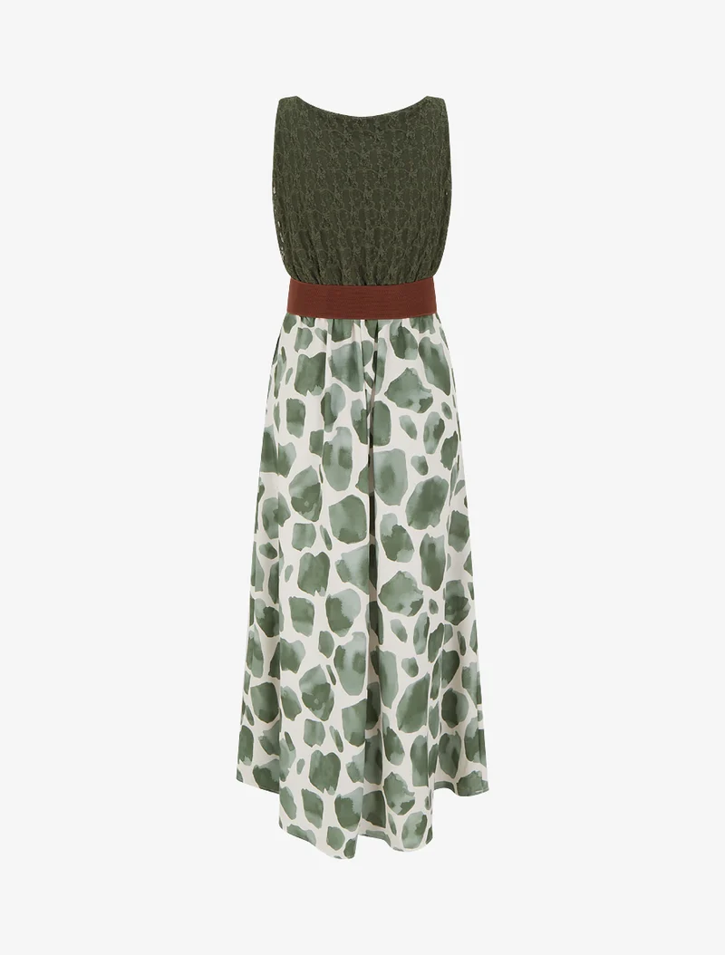 Robe longue à imprimé girafe et bretelles simili - Kaki