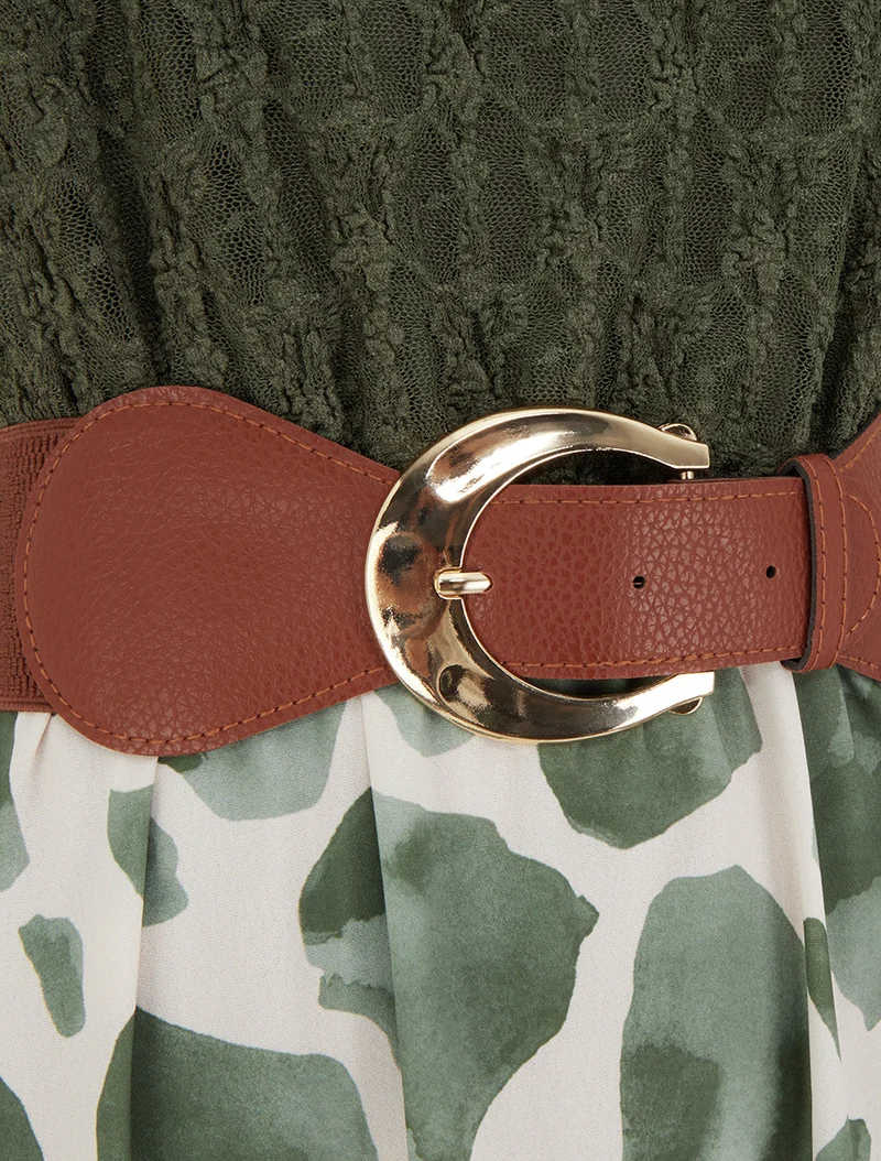 Robe longue à imprimé girafe et bretelles simili - Kaki