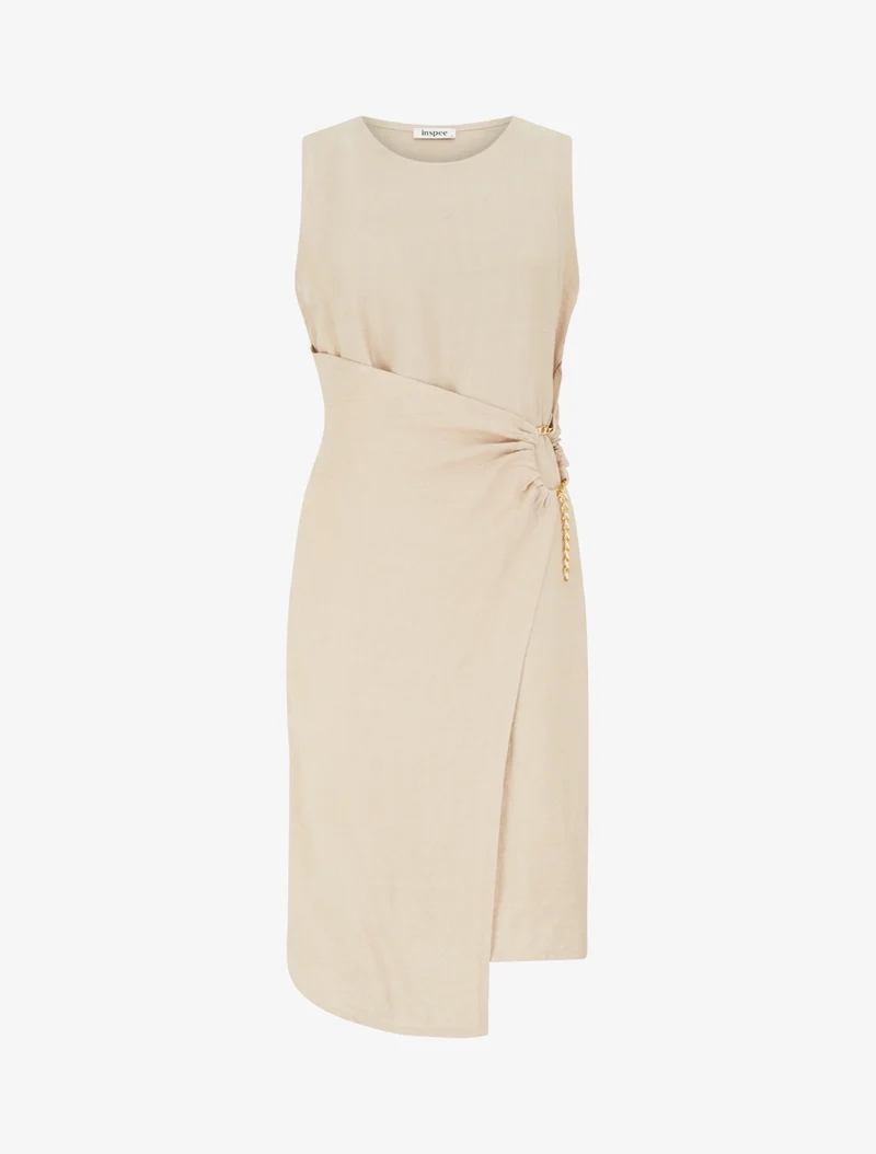 Robe longue unie à chaînette - Beige
