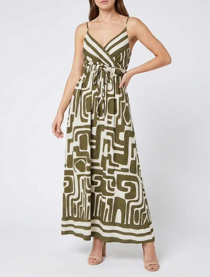Robe longue imprimé graphique - Kaki