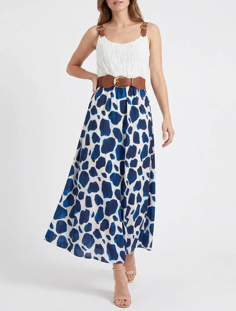 Robe longue à imprimé girafe et bretelles simili - Marine
