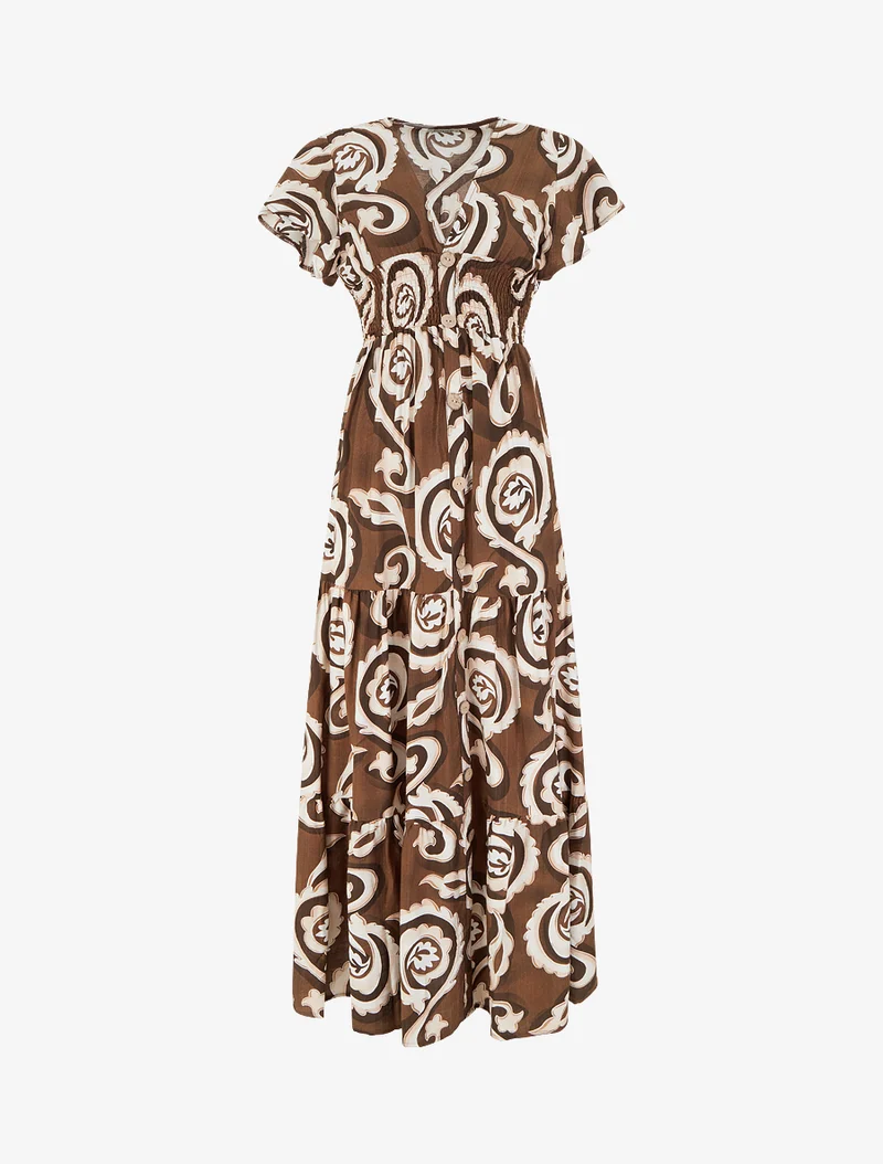 Robe longue manches courtes imprimé cachemire stylisé - Marron