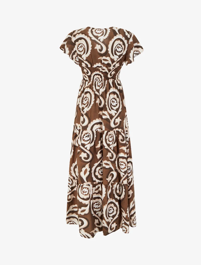 Robe longue manches courtes imprimé cachemire stylisé - Marron