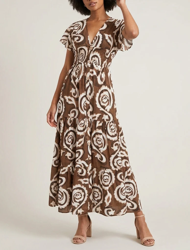 Robe longue manches courtes imprimé cachemire stylisé - Marron