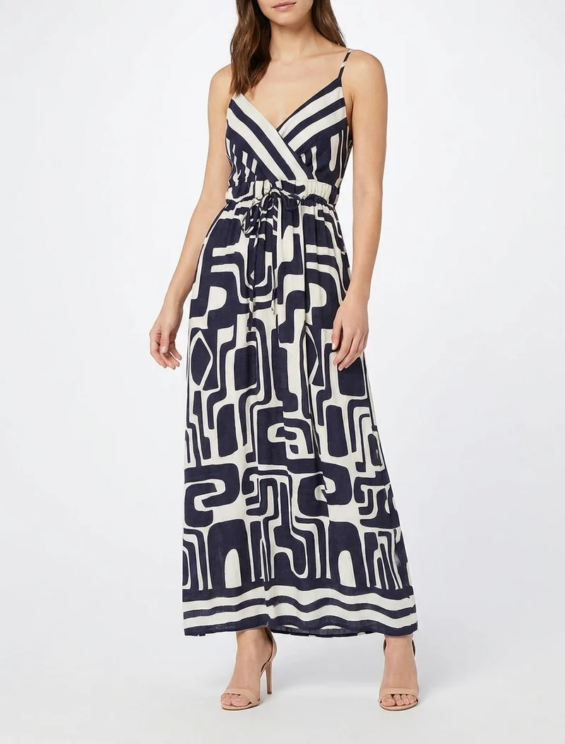 Robe longue imprimé graphique - Marine