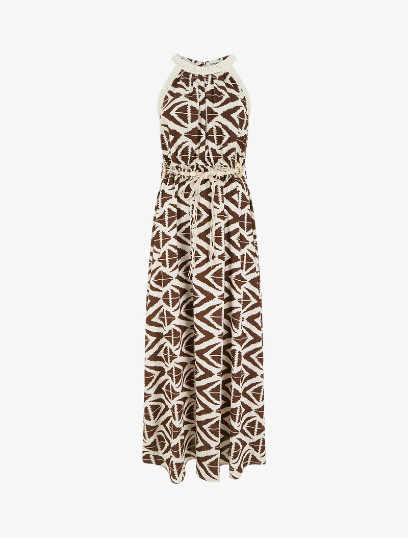 Robe longue à col américain imprimé graphique - Marron
