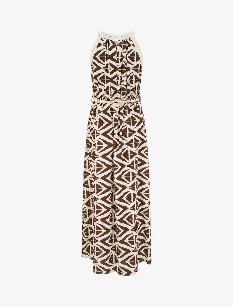 Robe longue à col américain imprimé graphique - Marron