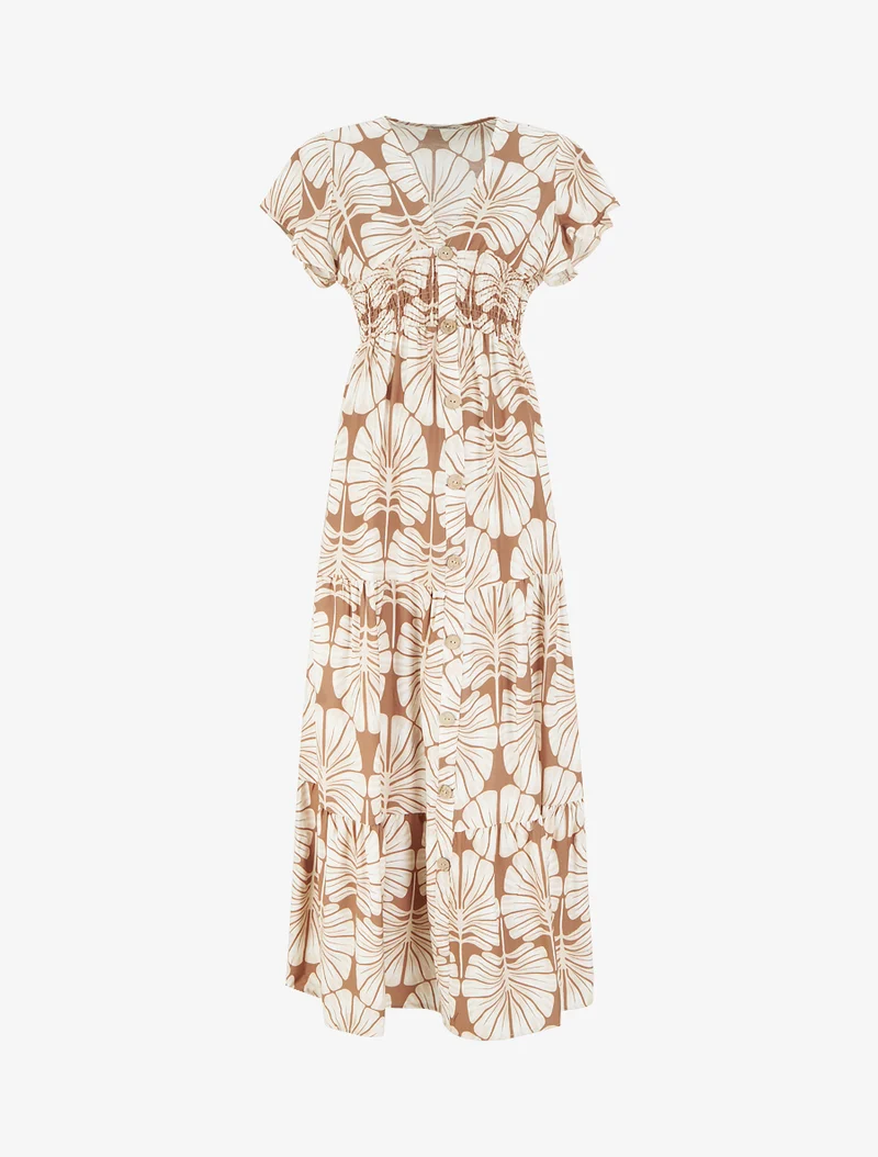 Robe longue manches courtes imprimé grandes feuilles - Camel