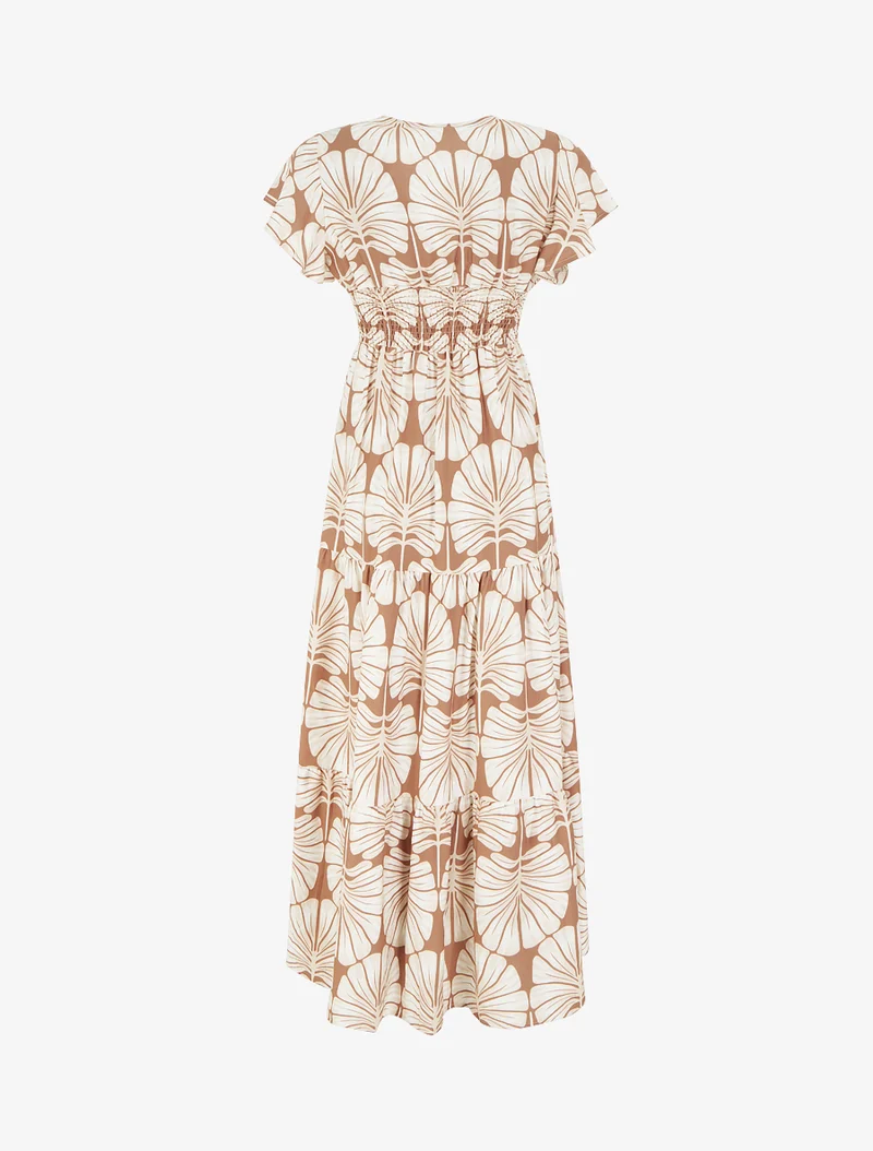 Robe longue manches courtes imprimé grandes feuilles - Camel