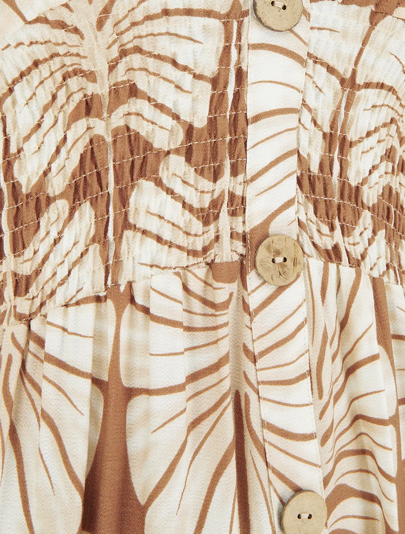 Robe longue manches courtes imprimé grandes feuilles - Camel