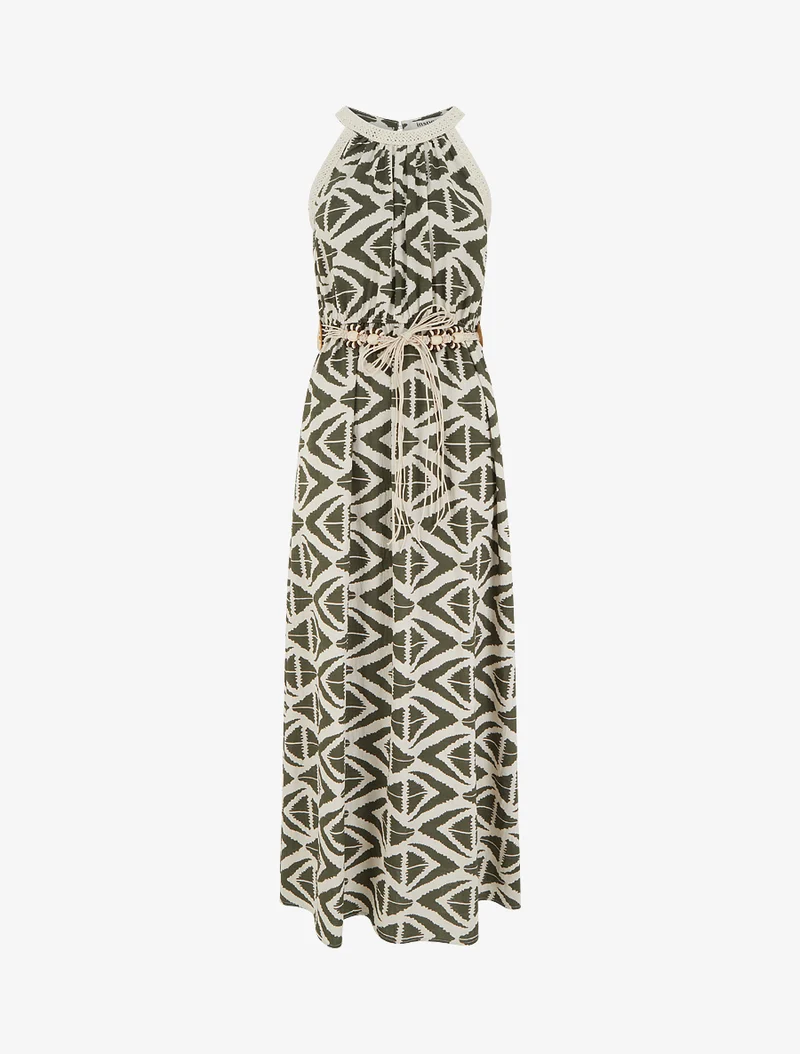 Robe longue à col américain imprimé graphique - Kaki