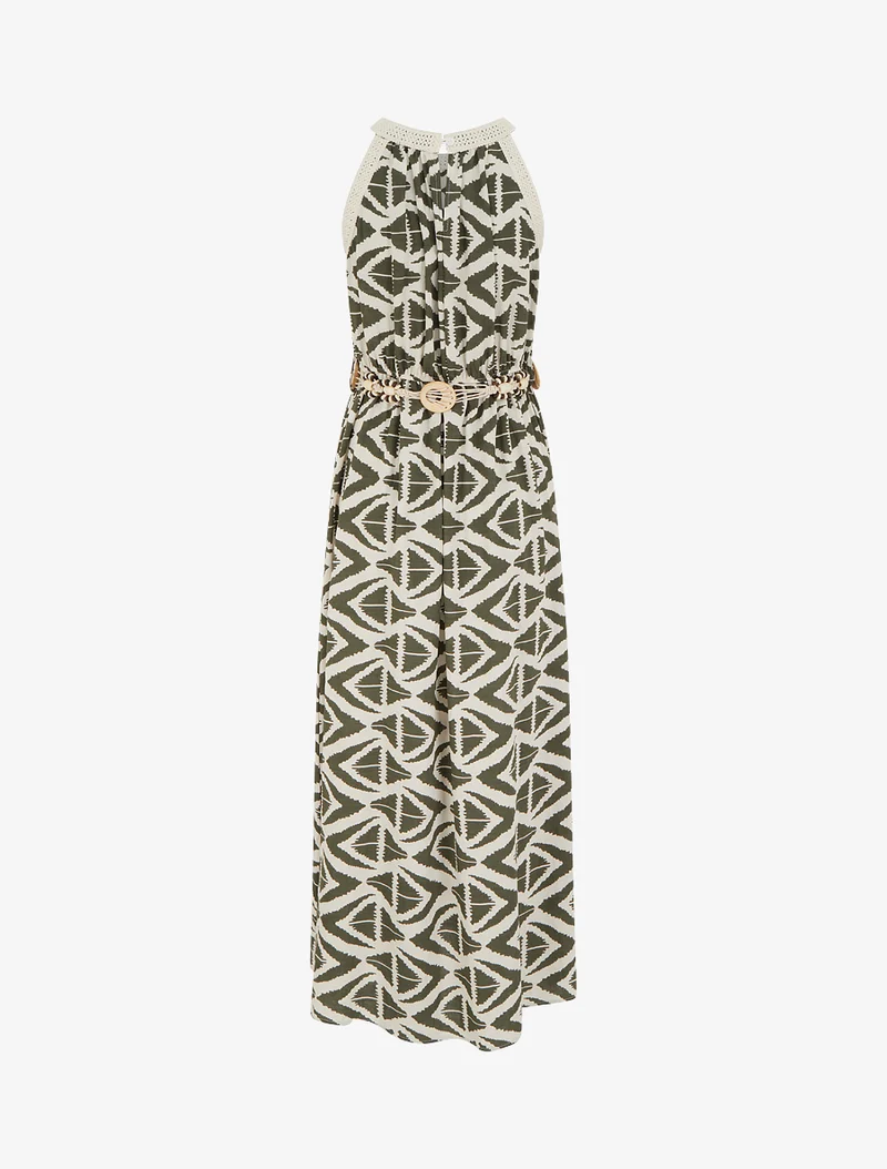 Robe longue à col américain imprimé graphique - Kaki