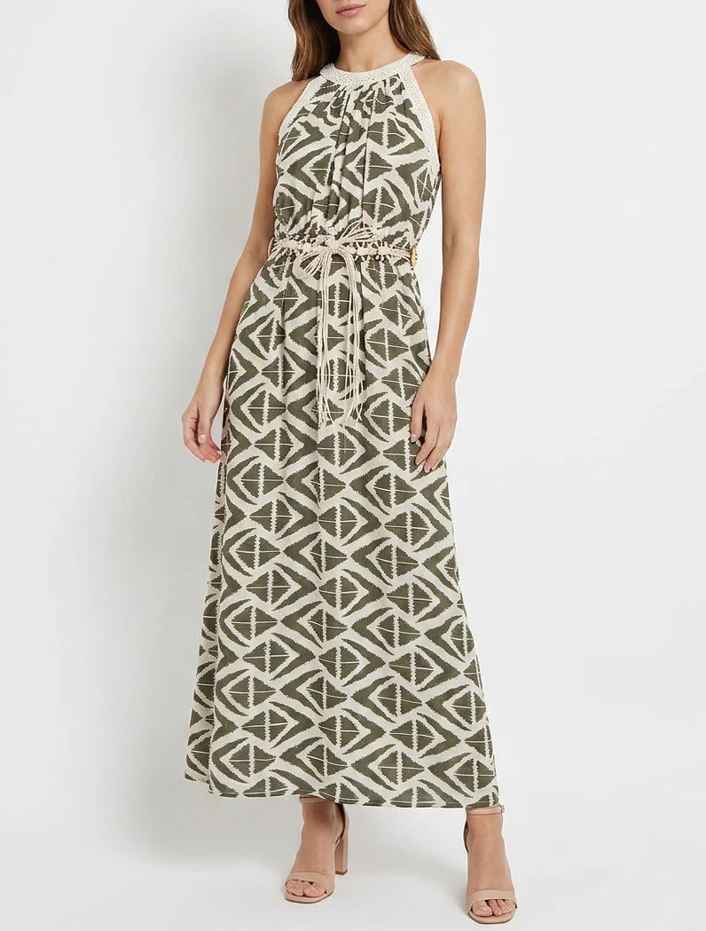Robe longue à col américain imprimé graphique - Kaki