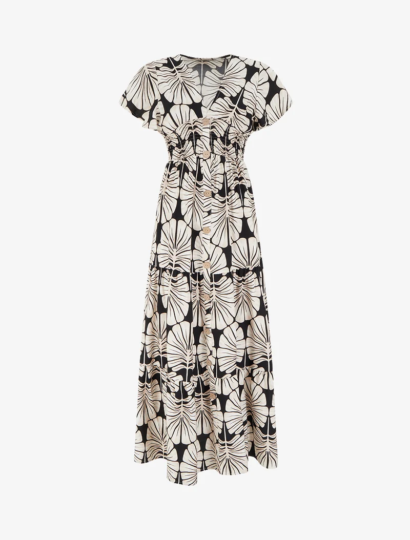 Robe longue manches courtes imprimé grandes feuilles - Noir