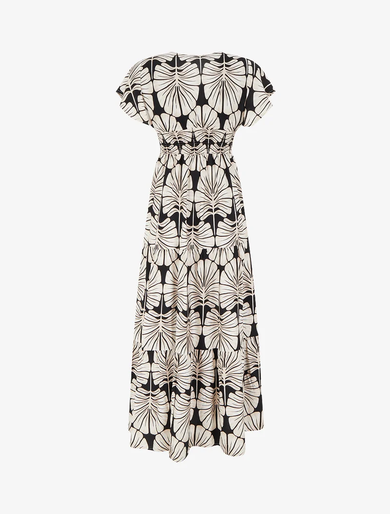 Robe longue manches courtes imprimé grandes feuilles - Noir