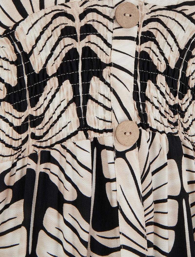 Robe longue manches courtes imprimé grandes feuilles - Noir