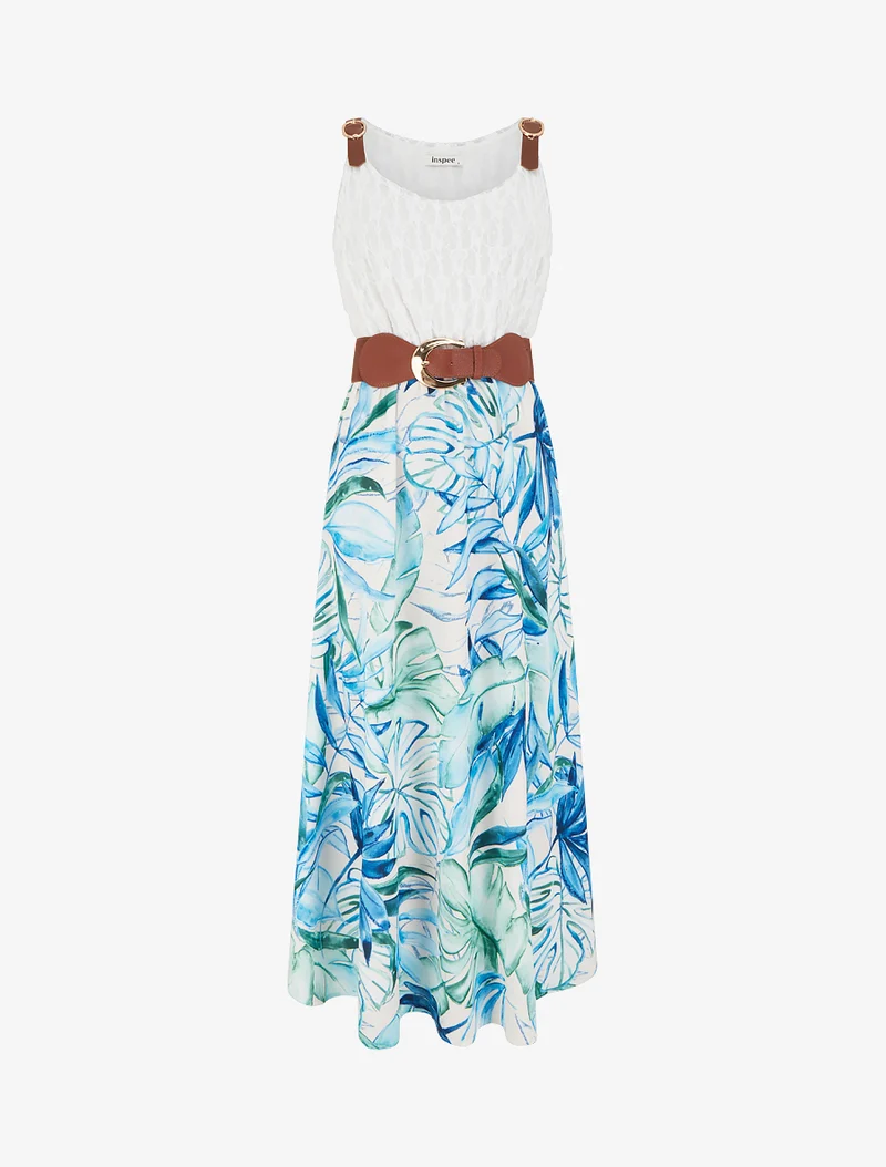 Robe longue à imprimé tropical et bretelles simili - Bleu