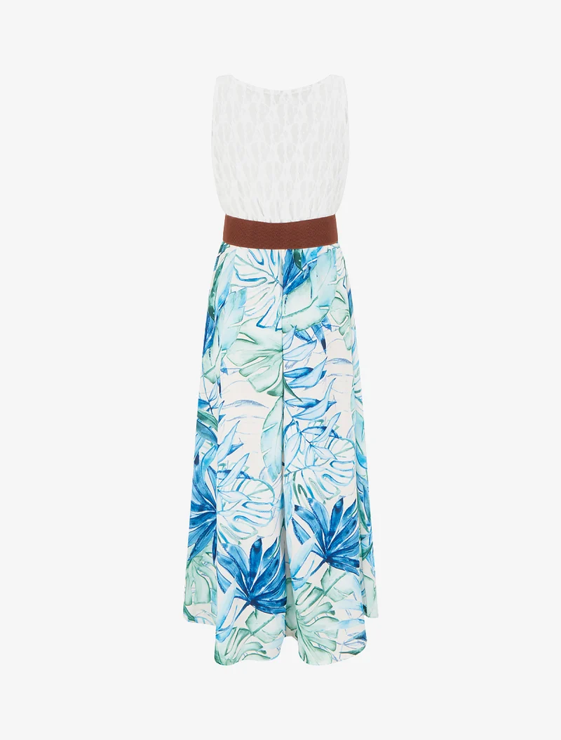 Robe longue à imprimé tropical et bretelles simili - Bleu
