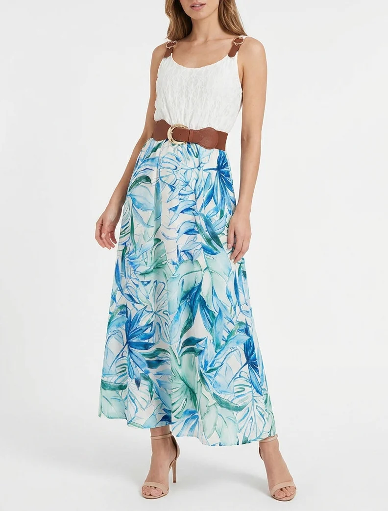 Robe longue à imprimé tropical et bretelles simili - Bleu