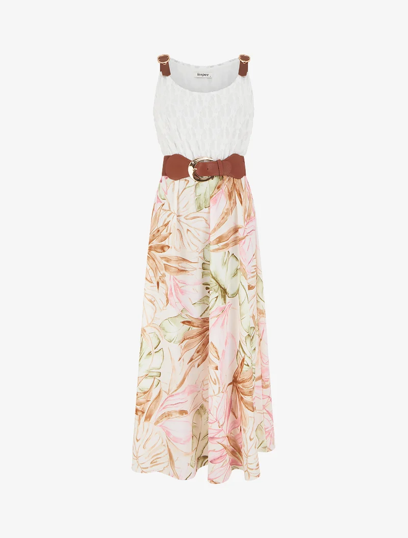 Robe longue à imprimé tropical et bretelles simili - Beige