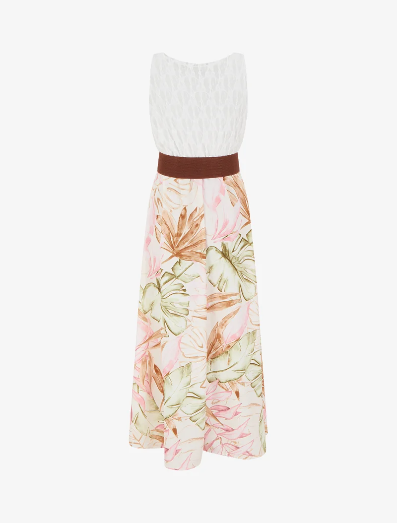 Robe longue à imprimé tropical et bretelles simili - Beige